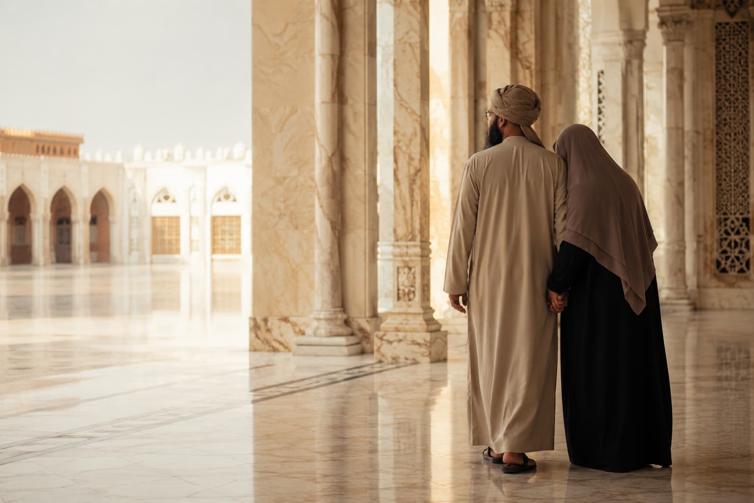 Un couple musulman marchant main dans la main dans la cour d'une mosquée