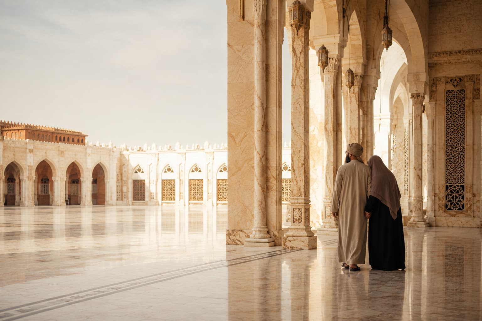 Un couple musulman marchant main dans la main dans la cour d'une mosquée