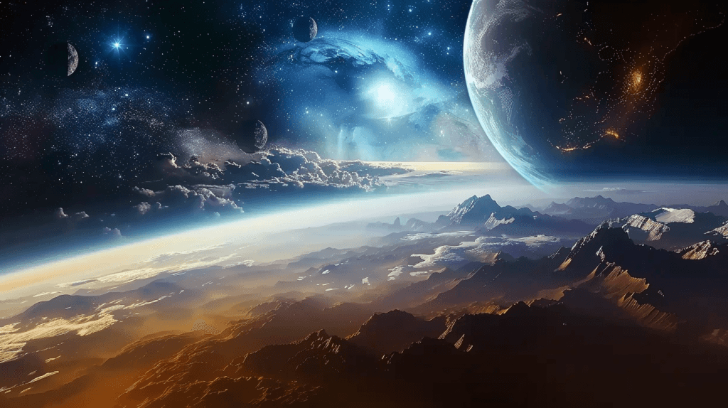 Une image illustrant les cieux avec une vue sur les planètes d'une montagne et un quart de terre au loin