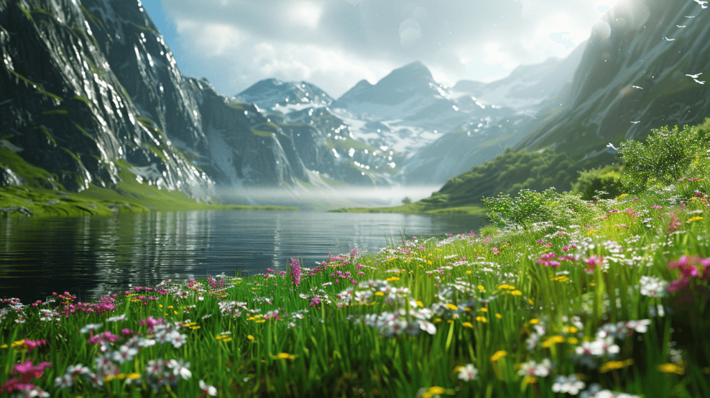 Un paysage avec de très beaux jardins, de l'eau et des montagnes