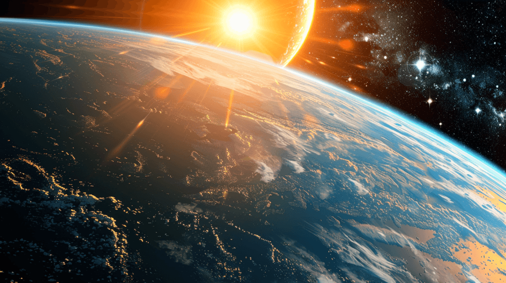 Une image de la planète terre avec une vue depuis l'espace et le soleil en arrière plan